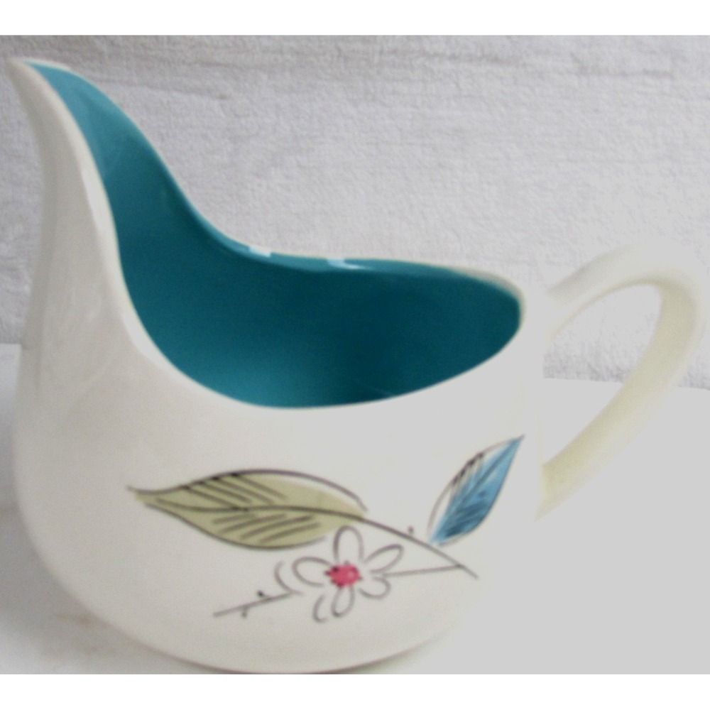 Vintage Salem Ovenproof Gravy Boat Mid Century Modern Aqua Leaves Floral 58Y USA